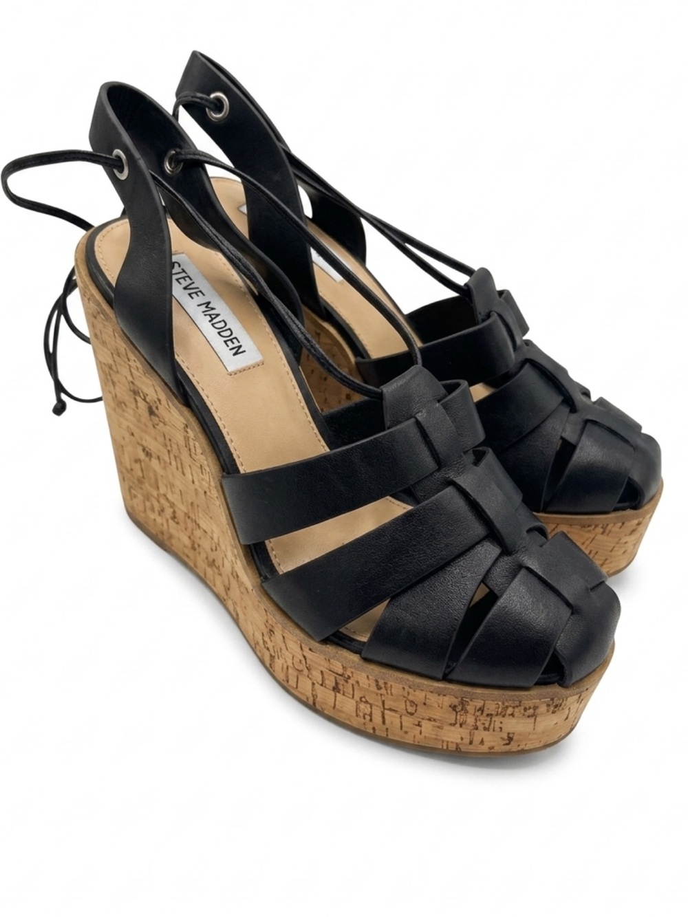 Steve Madden Black Leather Cork Platform Wedge Sandals